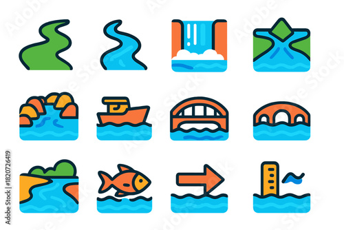 Flat River Icons. Flat vector icons of River Systems: River, Stream, Waterfall, Rapids, Delta, Bridge, Boat, Fish, Riverbank,