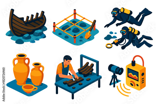 Nautical Archaeology Icons. Isometric vector illustration set Nautical archaeology: shipwreck timbers, underwater excavation grids