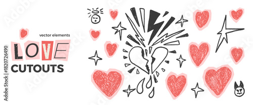 Love cutouts collage set. Hearts pieces with crayon texture for love or scrapbook design. Sticker icons with broken heart shape for valentine. Love, star, lightning and devil cut element for craft.