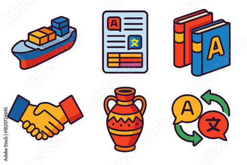 Linguistic Exchange Icons. Isometric vector illustration set Loanwords and Contact: trade ship, shared word list, bilingual