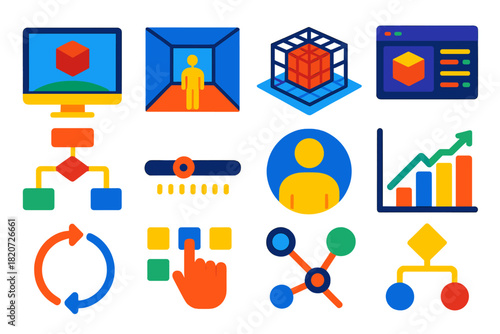 Modern Simulation Icons. Flat vector icons of simulations: computer monitor, virtual environment, 3D grid, simulation software,