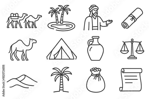 Ancient Trade Icons. Line style icons of Ancient Trade: Caravan, Oasis, Trader, Silk Roll; Camel, Tent, Water Jar, Scale; Sand