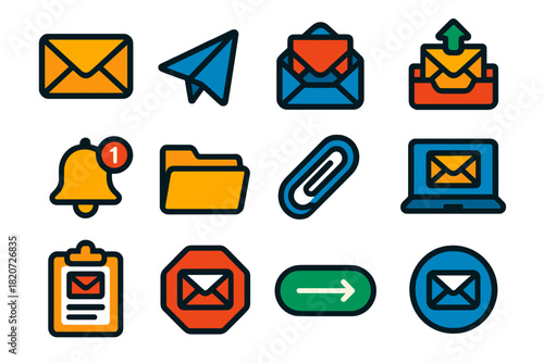Bright Email Icons. Flat vector icons of Email Communication: Envelope, Paper Plane, Inbox, Outbox, Notification Bell, Folder,