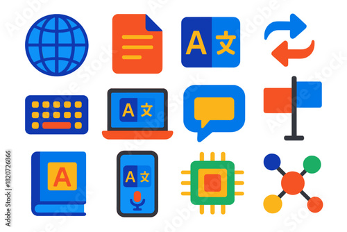 Machine Translation Icons. Flat vector icons of Machine Translation: Globe, Document, Language Icon, Arrows, Keyboard, Laptop,
