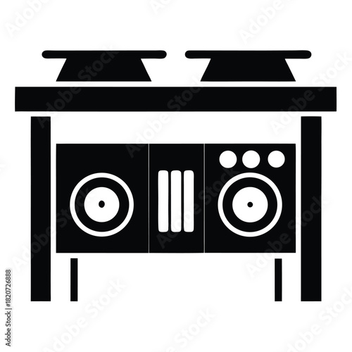 Black and white icon shows a sound mixing station for a studio setting