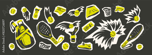 Padel tennis paper cutout stickers set. Racket, ball, sport cloth hand drawn collage icons isolated on dark background. Scribble sport equipment cutouts elements. Vector fitness illustration scribble.