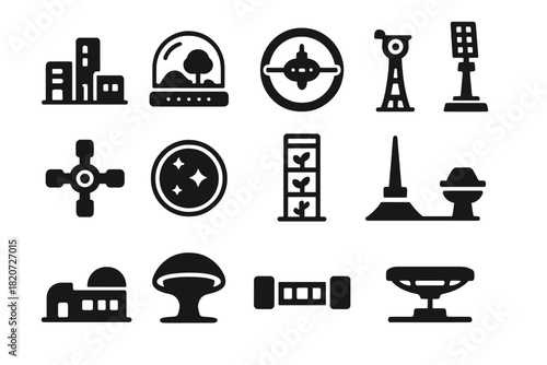 Futuristic Space Icons. Solid style icons of futuristic space structures: modular habitat, transparent dome, orbital ring, solar