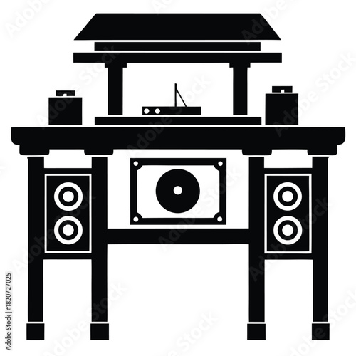 Intricate black silhouette shows a traditional Japanese Shinto altar with offerings and sacred objects