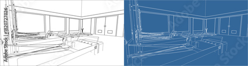 Low-Angle View of Pilates Reformer Carriages, Ropes, and Spring System Architectural Blue Print