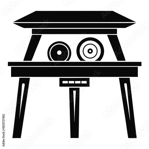 Black silhouette displays a two shelf table with visible objects and three leg support