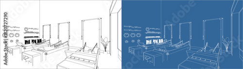 Architectural Sketch of Pilates Studio Interior with Reformer Machines and BluePrint View