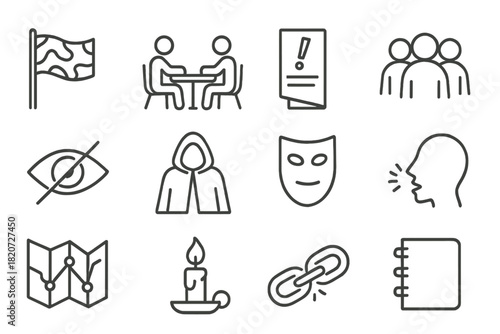 Secret Campaign Icons. Line style icons of Secret Campaign: Camouflaged Flag, Discreet Meeting, Informational Flyer, Oppressed