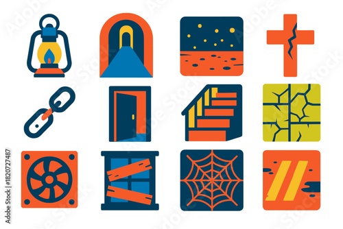Sanatorium Icon Set. Flat vector icons of Forgotten Sanatorium Atmosphere: lantern light, echoing hallway, dusty floor, broken