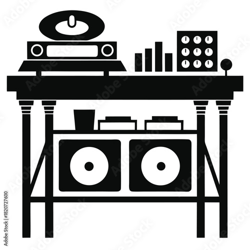 Black silhouette showcases a complete DJ setup with mixers, speakers, and a table