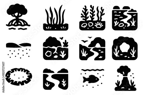 Ocean Habitat Icons. Solid style icons of ocean habitats: mangrove, seagrass bed, kelp forest, tide pool, sandy seabed, rocky reef