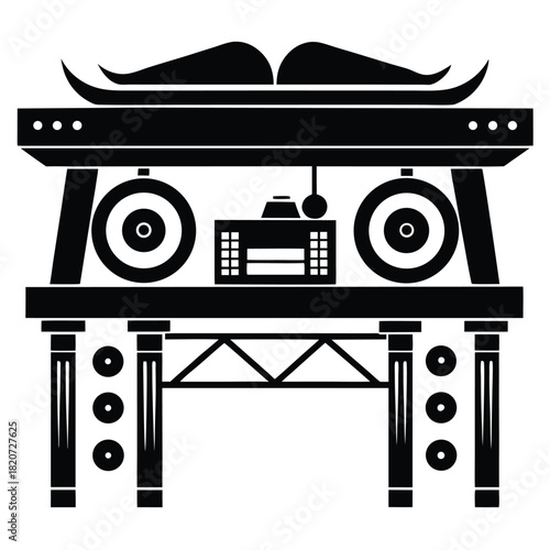 Black silhouette presents a stylized DJ setup with speakers and an equalizer icon