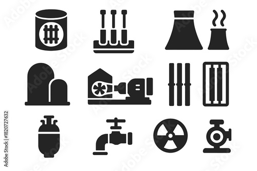 Nuclear Reactor Icons. Solid style icons of nuclear reactors: reactor core, control rods, cooling system, containment building,
