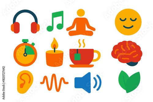 Stress Relief Icons. Flat vector icons of Stress Relief: Headphones, Relaxing Music Note, Meditation Pose, Calm Face, Timer, Spa