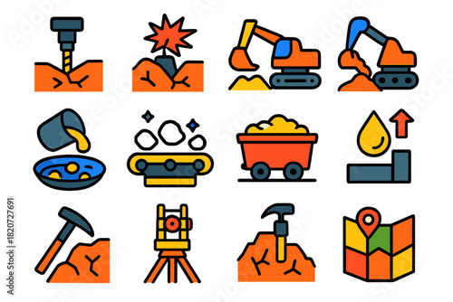 Modern Mining Icons. Flat vector icons of Mining Processes: Drilling, Blasting, Excavation, Smelting, Sorting, Transportation,