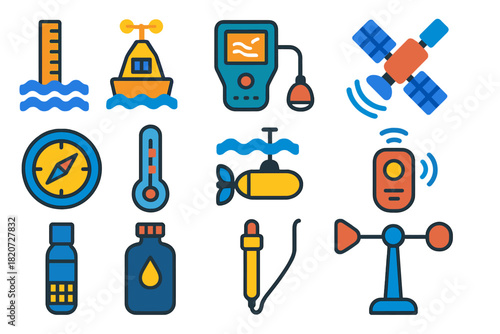 Oceanography Tools Icons. Flat vector icons of oceanography tools: tide gauge, weather buoy, sonar device, satellite, compass,