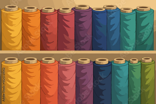 Vibrant Fabric Rolls. Rows of colorful rolls of fabric, soft lighting highlighting textures, vibrant yet harmonious tones, perfect