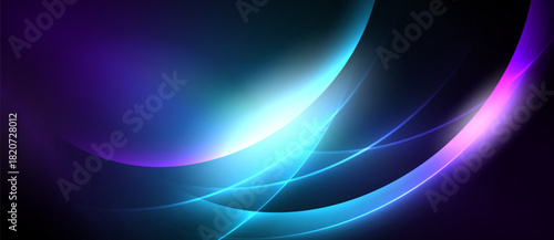 Abstract flowing lines, vibrant blues, purples, pinks. Light radiates from center, creating dynamic visual effect. Dark background enhances luminosity.