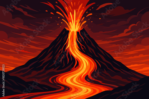 Molten Lava Flow. Bold molten lava flowing down a fiery volcano at dusk, dramatic lighting, vector illustration vivid red and
