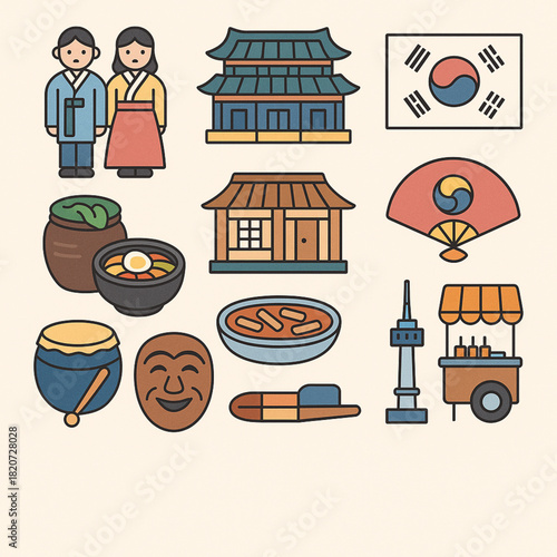 Korea Culture Icon Pack Variant with 12 Flat Vector Icons