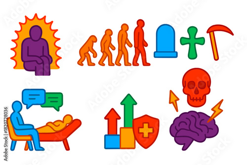Thanatophobia Illustrative Set. Isometric vector illustration set Thanatophobia: silhouette with stress aura, evolutionary