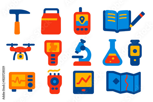 Volcanic Research Icons. Flat vector icons of Volcanic Research Tools: Geological Hammer, Sample Bag, GPS Device, Field Notebook,