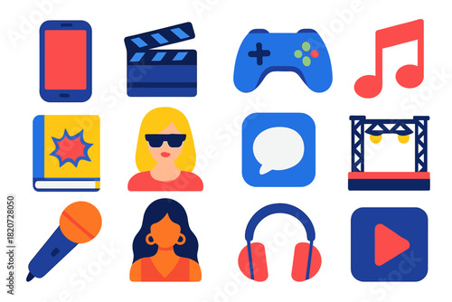 Bold Pop Culture Icons. Flat vector icons of pop culture: smartphone, movie clapperboard, video game controller, music note, comic