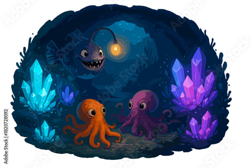 Underwater Crystal Wonderland. Magical deep-sea cave with glowing crystals, smiling lantern fish, and curious octopus explorers No