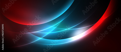 Abstract design features flowing curves, vibrant red, blue hues. Dark background emphasizes bright light trails, creating dynamic visual effect.