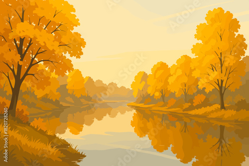 Autumn River Reflection. Scenic river reflecting golden autumn trees under vector illustration soft morning light, tranquil and