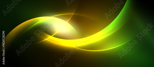 Abstract design features vibrant yellow, green curves. Bright light radiates from center, creating dynamic visual effect. Dark background enhances luminosity.
