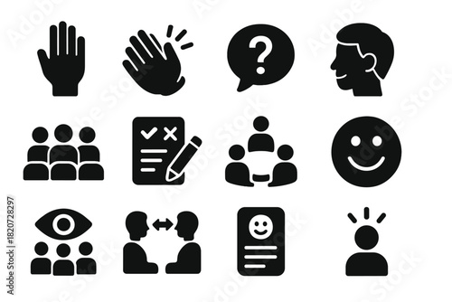 Audience Engagement Icons. Solid style icons of audience engagement: raised hand, applause, question bubble, nodding head,