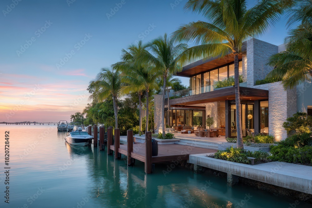 Fototapeta premium Modern island villa overlooking calm turquoise water, tropical landscaping and wooden deck