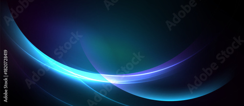 Abstract design features flowing curves, vibrant blues, purples. Dark background emphasizes luminous lines, creating dynamic visual effect.