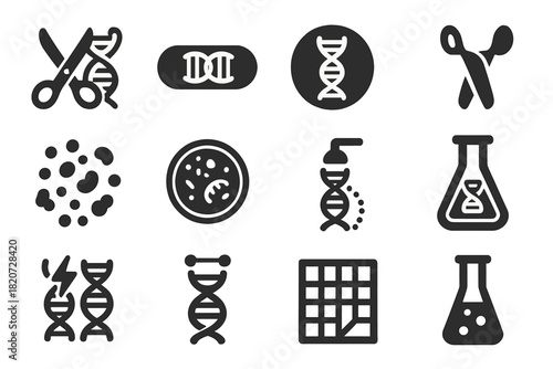 Genetic Engineering Icons. Solid style icons of genetic engineering: CRISPR scissors, gene cassette, plasmid, restriction enzyme,