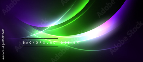 Abstract neon waves, vibrant colors blend. Dark background emphasizes glowing curves, creating dynamic visual effect. Text reads background design.