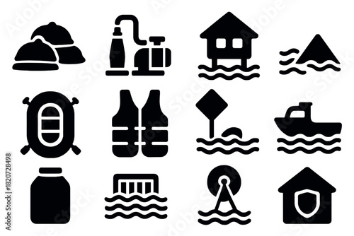 Flood Preparedness Icons. Solid style icons of flood preparedness: sandbags, water pump, elevated house, levee barrier, inflatable