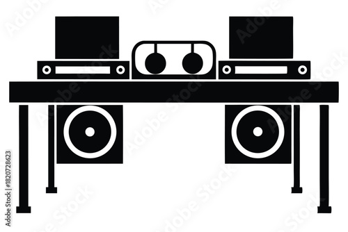 Isolated black sound system table setup is displayed as front musical equipment