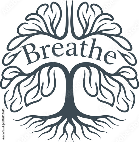 Inspiring breathe tree roots illustration sticker with calming wellness and mindfulness message