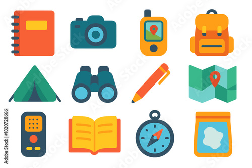 Field Research Icons. Flat vector icons of Field Research: Notebook, Camera, GPS Device, Backpack, Tent, Binoculars, Pen, Map,