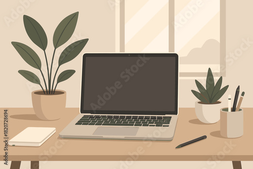 Stylish Office Workspace. Modern office desk setup vector illustration with a sleek laptop, potted plants, and stationery, soft