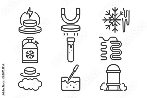Cryogenics Line Icons. Line style icons of cryogenics research: superconductivity, levitation, cold, experiment; nitrogen tank,