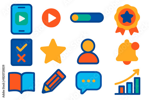 Colorful Learning Icons. Flat vector icons of learning apps: mobile app, play button, progress bar, badge, quiz icon, star reward,