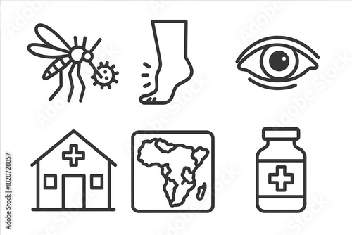 Tropical Disease Icons. Line style icons of Neglected Tropical Diseases: mosquito with virus icon, swollen limb, infected eye,