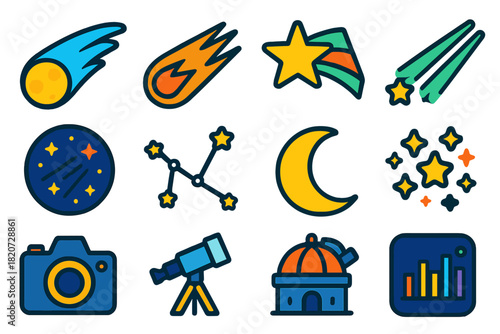 Meteor Shower Icons. Flat vector icons of Meteor Shower Concepts: Comet, Meteor, Shooting Star, Trail, Night Sky, Constellation,