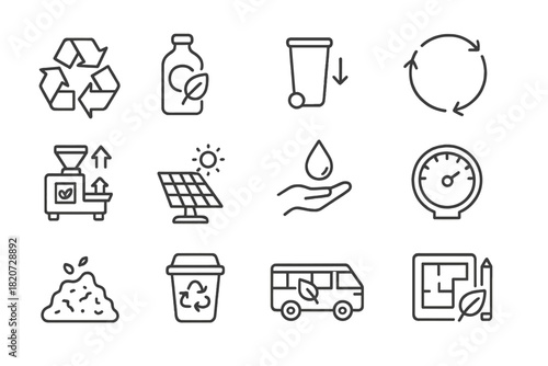 Environmental Innovation Icons. Line style icons of Environmental Innovation: Recycle Symbol, Sustainable Product, Waste